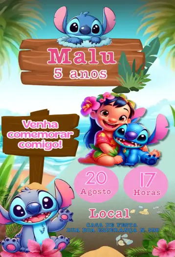 Convite stitch, lilo – tema aniversário infantil