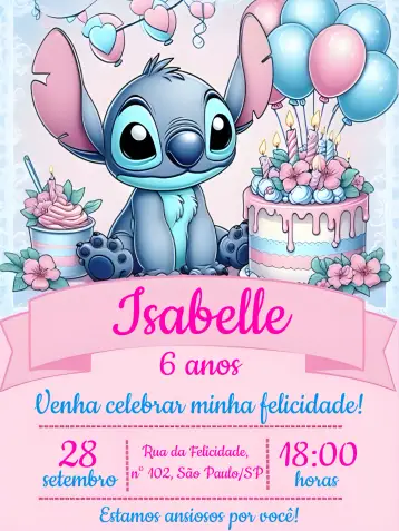 Convite Stitch Menina editável e personalizável