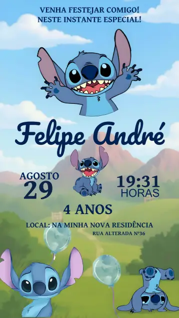 Convite Stitch Menino Rosa editável e personalizável