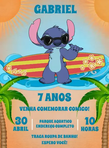 Invitación Stitch Pool Party Playa editable y personalizable