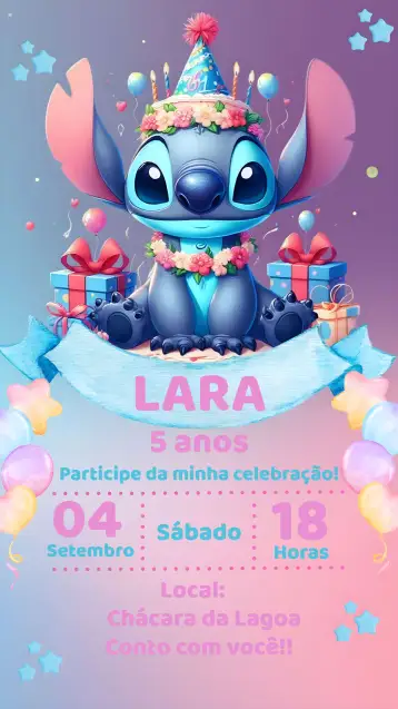 Convite Stitch Rosa para aniversário infantil – tema mais pesquisados (rosa, divertido, infantil, colorido, temático)