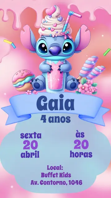 Convite Stitch Rosa editável e personalizável