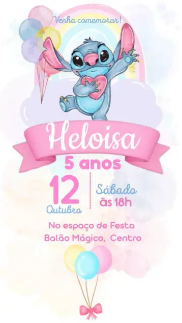 Convite Stitch rosa com arco-íris editável e personalizável