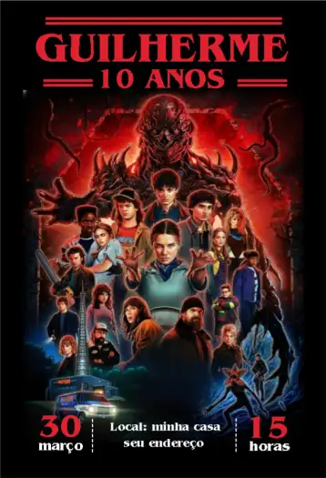 Convite Stranger Things 5ª temporada para aniversário infantil com tema stranger things. – tema aniversário infantil (visual dark, neon, fantasia, aventura, série de TV)