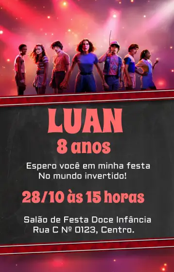 Convite Stranger Things Vermelho editável e personalizável