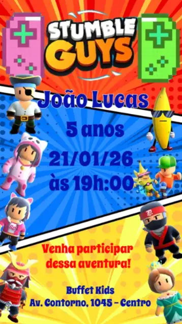 Convite Stumble Guys para aniversário infantil – tema aniversário infantil (colorido, divertido, lúdico, moderno, jogos, infantil)