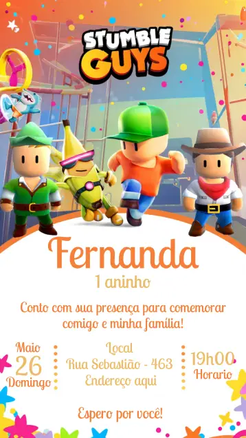 Convite Stumble Guys Infantil editável e personalizável