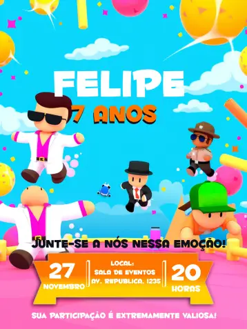 Convite Stumble Guys Preto editável e personalizável