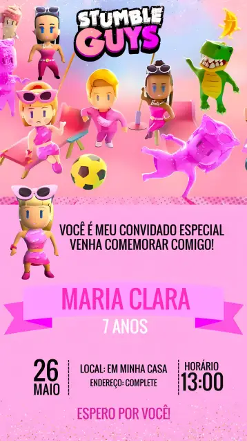 Convite Stumble Guys Pink Game para children's birthday with game theme. – tema most searched for (fun, colorful, gamer, modern, themed)