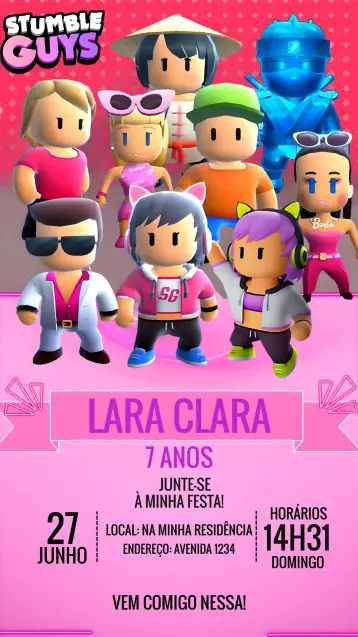 Convite Stumble Guys Rosa Menina editável e personalizável