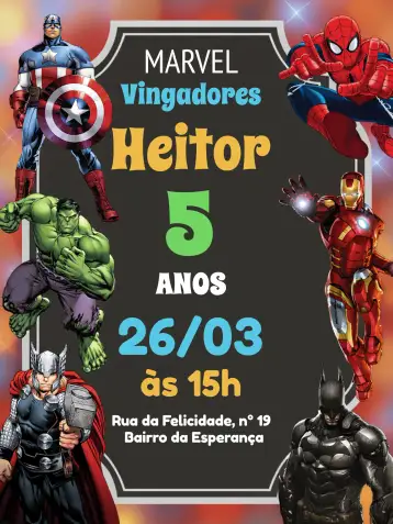 Convite Super Heróis Batman para aniversário infantil – tema mais pesquisados (colorido, moderno, super-heróis, vibrante, infantil)