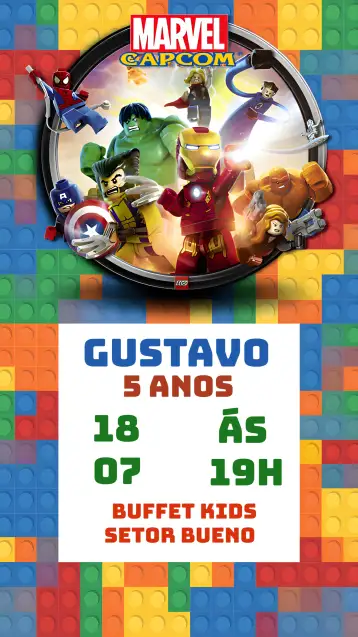 Convite Marvel Lego Super Heroes Logo para children's birthday party with superhero theme. – tema most searched for (colorful, fun-filled, modern, child-friendly, themed)