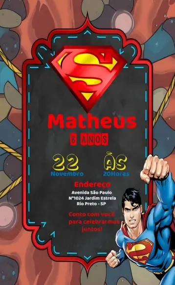 Convite Super Homem Herói editável e personalizável