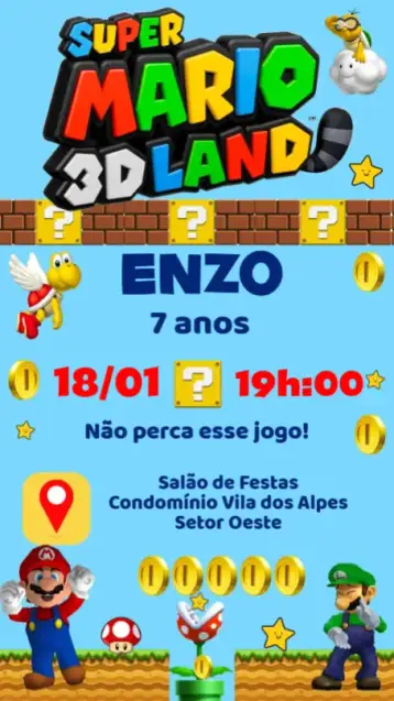 Convite Super Mario para aniversário infantil – tema aniversário infantil (colorido, temático, divertido, jogos, infantil)