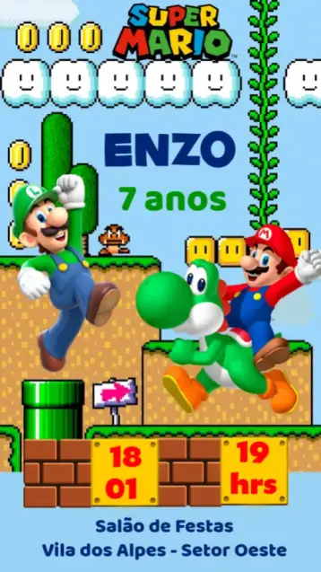 Convite Super Mario para aniversário infantil – tema aniversário infantil (colorido, divertido, temático, jogos, vintage, moderno)