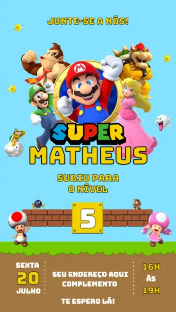 Convite Super Mario para aniversário infantil com tema de super mario. – tema aniversário infantil (colorido, divertido, jogos, infantil, personagens)
