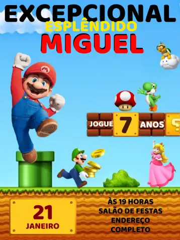 Convite Super Mario Bros Yellow para children's birthday or themed party. – tema most searched for (fun-filled, colorful, games, child-friendly, themed)