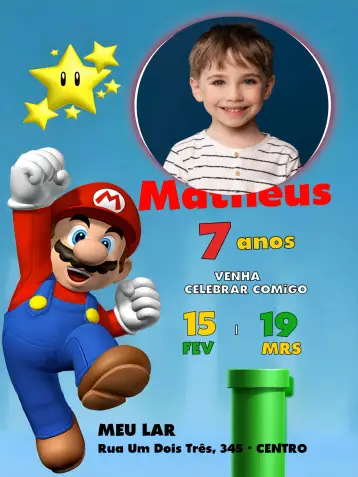 Convite Super Mario Bros Com Foto editável e personalizável