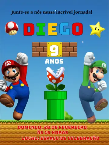 Convite Super Mario Bros Luigi para aniversário infantil – tema mais pesquisados (colorido, divertido, jogos, infantil, vibrante, temático)
