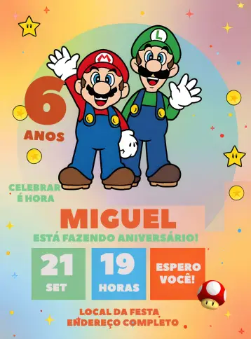Invitación Super Mario y Luigi Gamer editable y personalizable