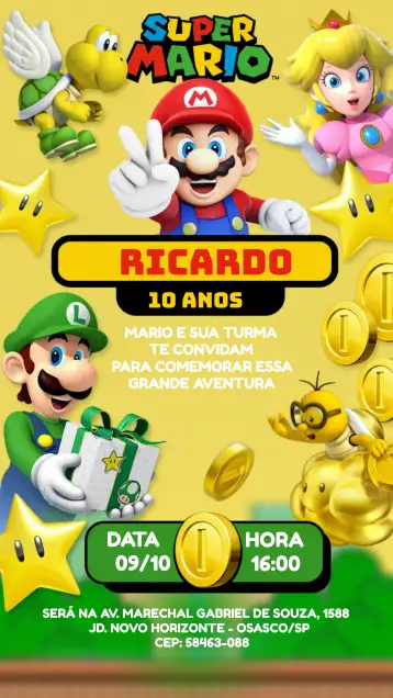 Convite Super Mario Luigi para children's birthday with a super mario theme. – tema kids' birthday party (vibrant colors, gaming style, adventure elements, fun and playful, iconic characters, colorful design)