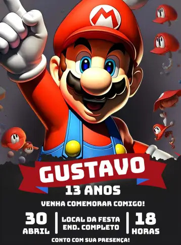 Convite Super Mário Vermelho editável e personalizável