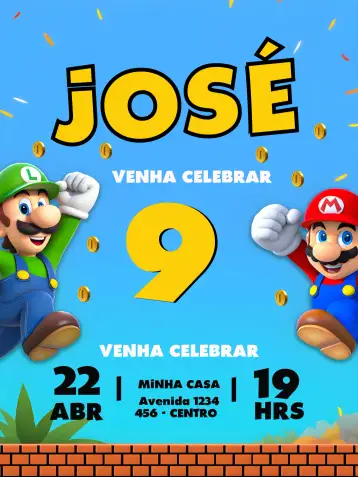 Convite Super Mario World Jogo para aniversário infantil com tema de jogos. – tema mais pesquisados (colorido, temático, jogos, divertido, vintage, animado)