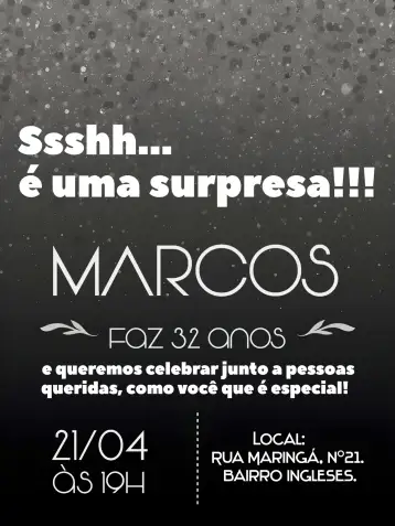 Convite Sorpresa Brillo Silencio para cumpleaños masculino con tema de sorpresa. – tema cumpleaños (elegante, moderno, brillante, neutro, minimalista)