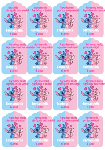 Convite Tag De Agradecimento Stitch E Angel Rosa para aniversário infantil com tema stitch e angel. – tema mais pesquisados (rosa, branco, ilustrações infantis, divertido, colorido, temática Disney)