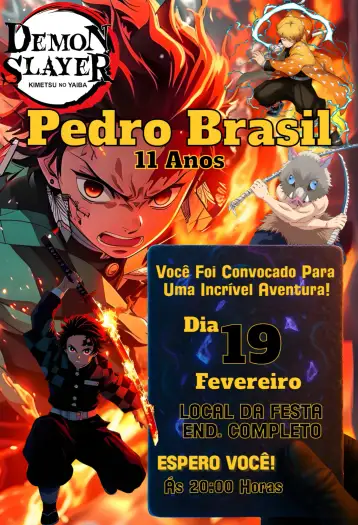 Convite Tanjiro Kamado para cumpleaños de fans de anime y fiestas temáticas. – tema cumpleaños (animado, vibrante, juvenil, ilustración, moderno, colorido)