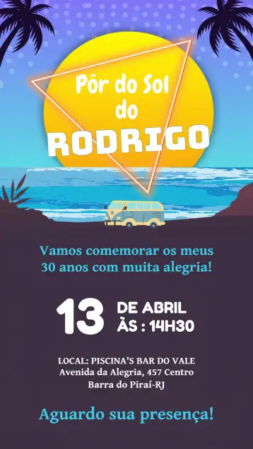 Convite Tardezinha para aniversário adulto em estilo descontraído. – tema aniversário (cores vibrantes, pôr do sol, estilo moderno, elementos gráficos divertidos, design alegre, estética boho)