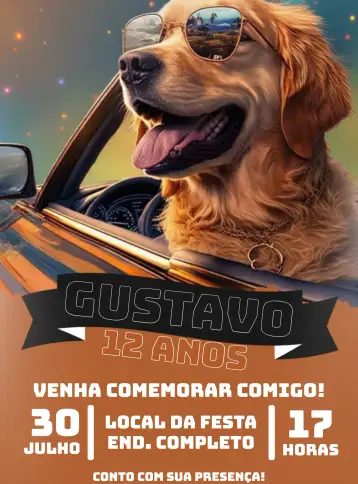 Convite Tardezinha Cachorro Golden para aniversário infantil ou festa temática para amantes de cães. – tema más buscados (colorido, divertido, animales, tarde soleada, ilustraciones de perros, moderno)
