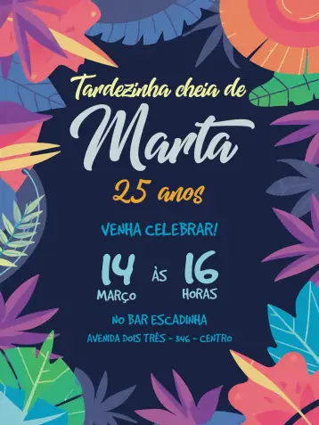 Convite Tardesita Colorida para despedida de soltera, celebración de unión y amistad. – tema despedida de soltera (tropical, colorido, verano, atardecer, divertido, alegre)