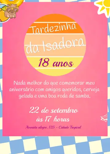 Convite Colorful Afternoon para lively and relaxed birthday party. – tema birthday (colorful, vibrant, samba, pagode, modern, festive)