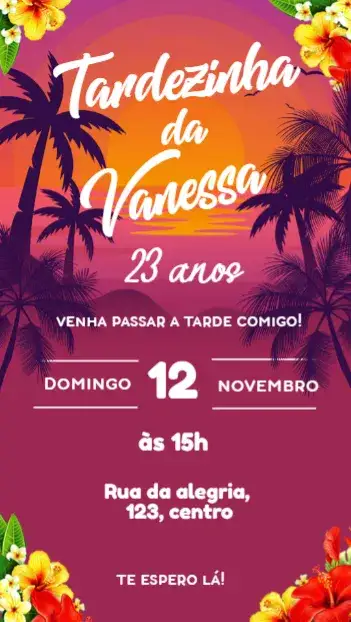 Convite Tardezinha com Flores para aniversário com amigos e familiares em um ambiente descontraído. – tema aniversário (floral, roxo, tropical, vibrante, descontraído, moderno)