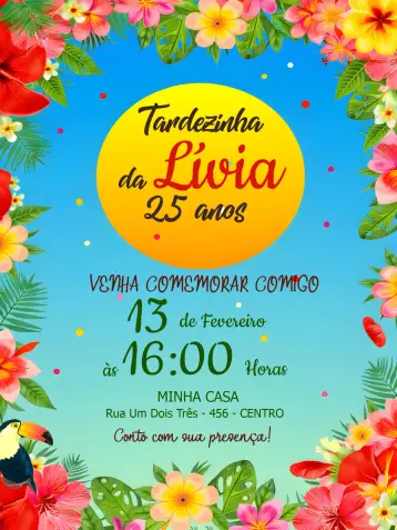 Convite Tardezinha Floral para chá de panela – tema chá de panela (floral, verão, tardezinha, pool party, boho, vibrante)