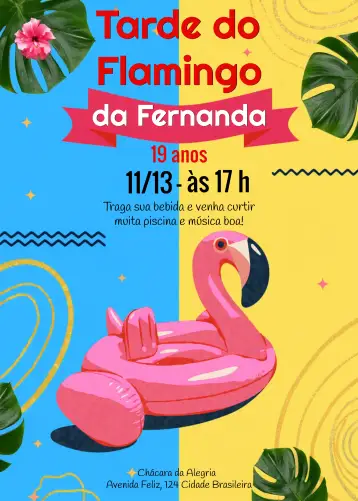 Convite Tardezinha Party para aniversário com tema de festa na piscina. – tema aniversário (colorido, tropical, modernos, flamingo, verão)