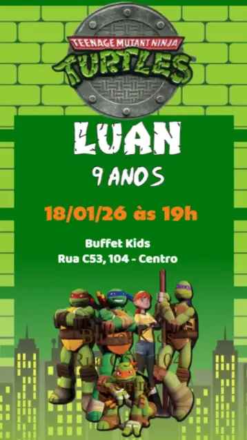 Convite Tartarugas Ninjas para aniversário infantil com tema tartarugas ninjas. – tema aniversário infantil (colorido, divertido, jovem, aventura, ilustrações animadas)
