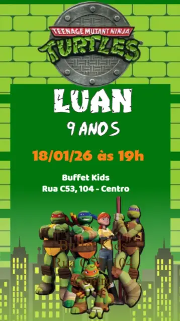 Convite Tartarugas Ninjas editável e personalizável