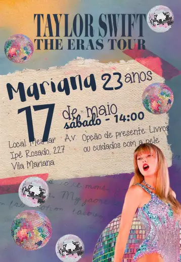 Convite Taylor Swift Lover para birthday or themed party inspired by taylor swift. – tema most searched for (colorful, modern, vibrant, musical, themed)