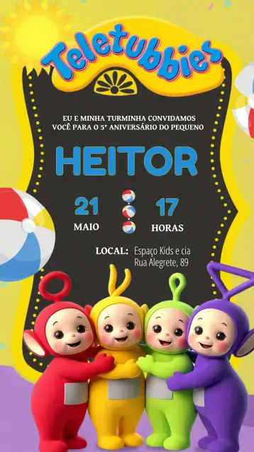 Convite Teletubbies Drawing para children's birthday. – tema most searched for (colorful, playful, childlike, fun, vibrant)