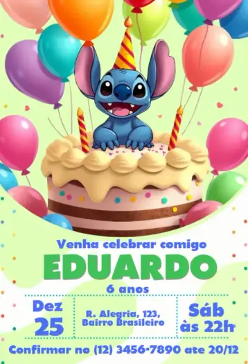 Convite Stitch Balões para aniversário infantil – tema aniversário infantil (colorido, divertido, temático, infantil, vibrante)