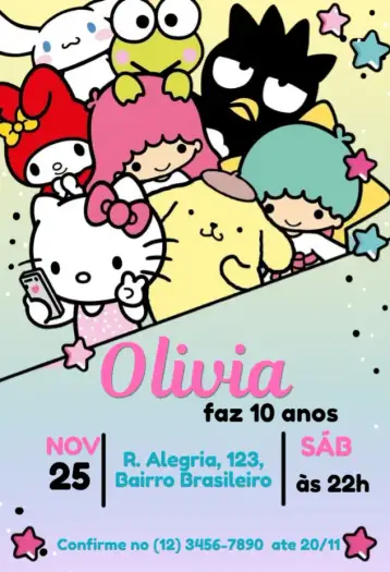 Convite Hello Kitty e Amigos para aniversário infantil. – tema cartão (colorido, divertido, infantil, temático, lúdico)