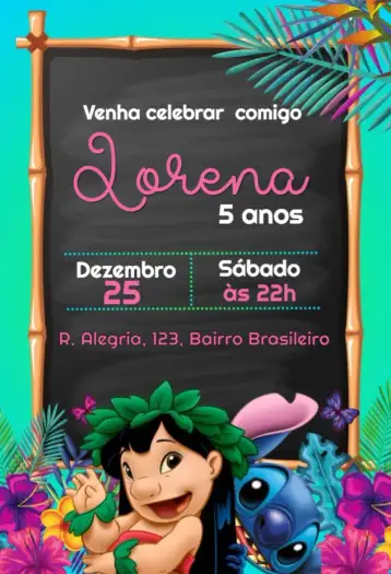 Convite Lilo e Stitch Tropical para aniversário infantil com tema lilo e stitch. – tema aniversário infantil (tropical, colorido, divertido, aquarela, vibrante, caracteres da Disney)