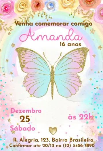Convite Borboleta Floral para aniversário de menina ou adolescente. – tema aniversário (floral, rosa, glitter, moderno, delicado, colorido)