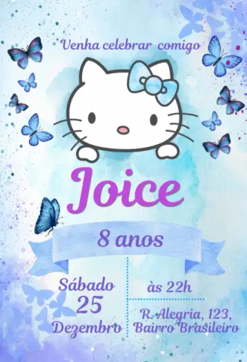 Convite Hello Kitty Borboletas para aniversário infantil – tema aniversário infantil (colorido, lúdico, infantil, divertido, fofo, moderno)