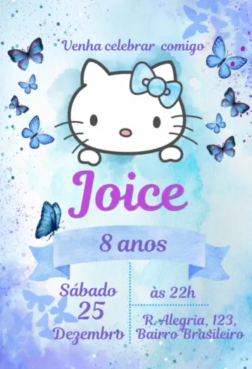 Convite Hello Kitty Borboletas editável e personalizável