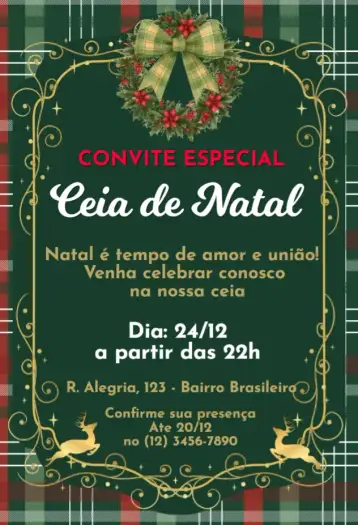 Convite Ceia de Natal para ceia de natal – tema datas comemorativas (vermelho e verde, dourado, minimalista, rústico, vintage, moderno)