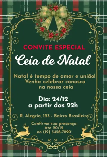 Convite Ceia de Natal para ceia de natal – tema datas comemorativas (vermelho e verde, dourado, minimalista, rústico, vintage, moderno)