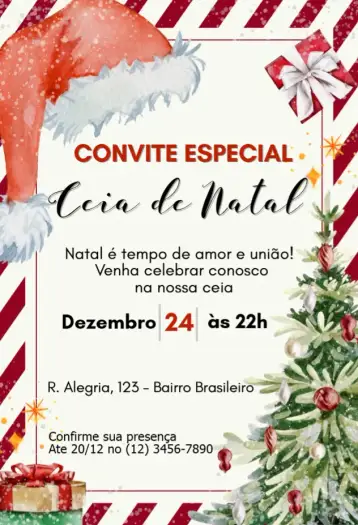 Convite Ceia de Natal para ceia de natal – tema datas comemorativas (dourado, vermelho, verde, rústico, minimalista)